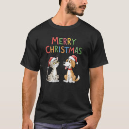 Niedlich Frohe Weihnachtskatze und Hund T-Shirt