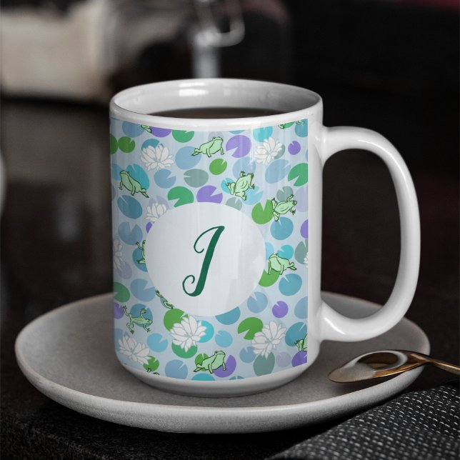 Niedlich Frosch Art Blue Wasserlilien Custom Monog Kaffeetasse (Von Creator hochgeladen)