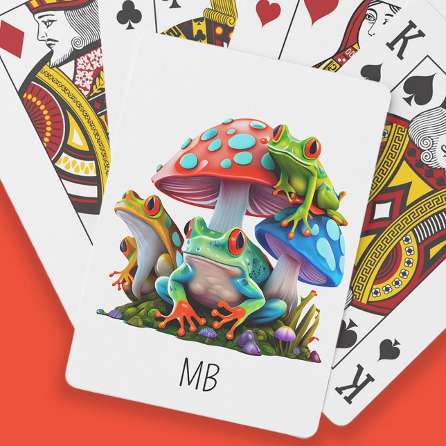 Niedlich Frosch Red Blue Mushrooms Monogram Spielkarten (Cute frogs and colorful mushrooms/toadstools playing cards customized with your monogram/initials)