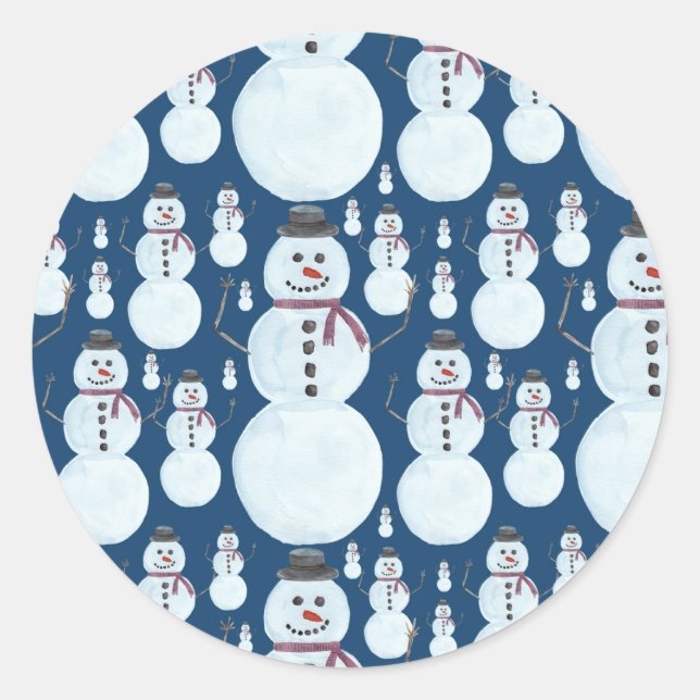 Niedlich Frosty Blue Snowman Wasserfarbmuster Runder Aufkleber (Vorderseite)