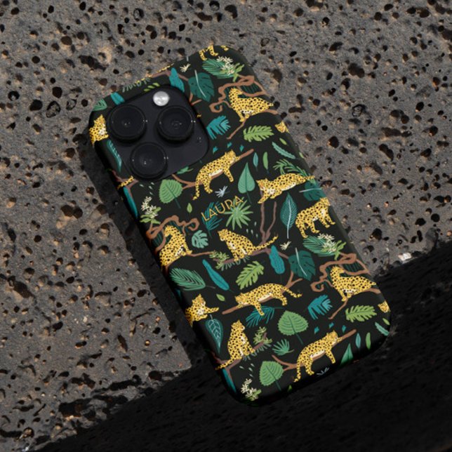 Niedlich Fun Cheetah Leopard Jungle iPhone / iPad  16 Pro Hülle (The fun cute cheetah leopard jungle, tropical on a black for your unique custom name phone case)