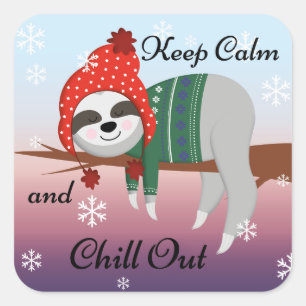 Niedlich Funny Behielt Calm Sloth in Winter Hat &  Quadratischer Aufkleber