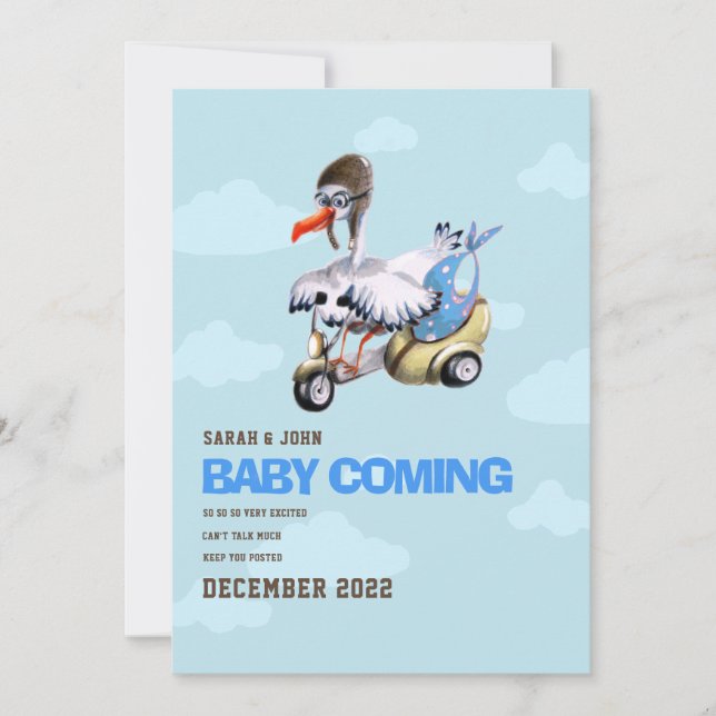 Niedlich Funny Blue Bird Scooter Baby Boy Schwange Ankündigung (Vorderseite)