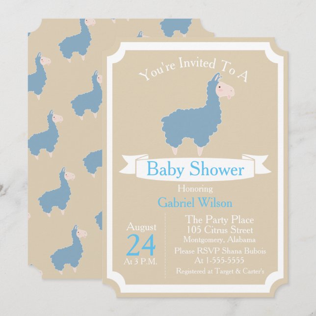 Niedlich Funny Blue Llama Baby Babydusche Einladung (Vorne/Hinten)