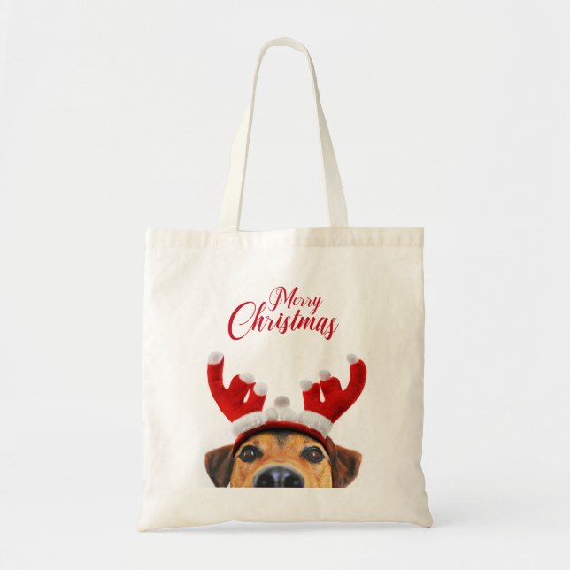 Niedlich Funny Christmas Hund Rentier Antler Headb Tragetasche (Vorne)