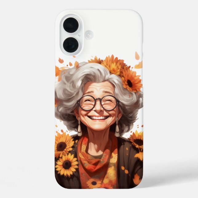 NIEDLICH FUNNY FALL GRANDMA MIT SONNENBLUMEN iPhone 16 PLUS HÜLLE (Rückseite)