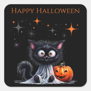 Niedlich Funny Ghost Black Kitten Halloween Quadratischer Aufkleber