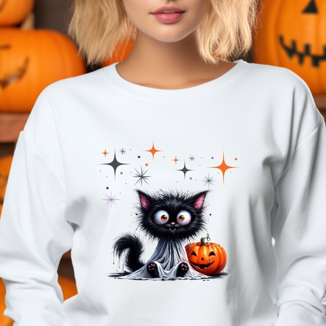 Niedlich Funny Ghost Black Retro Kitten Halloween Sweatshirt (Von Creator hochgeladen)