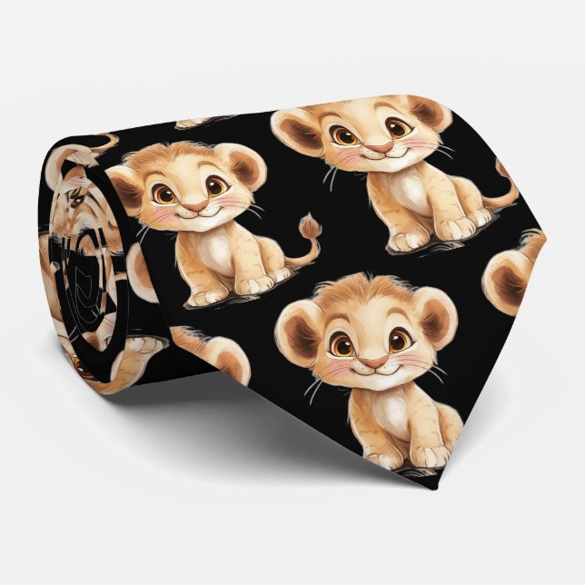 Niedlich Funny lächelnd Lion Cub Black Neck Tie Krawatte (Gerollt)