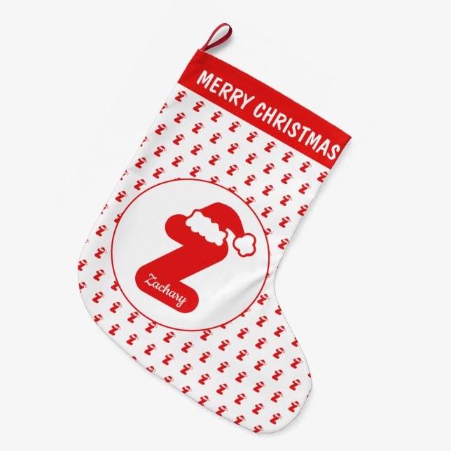 Niedlich Funny Santa Claus Hat Pattern Mit Monogra Großer Weihnachtsstrumpf (Vorderansicht (hängend))