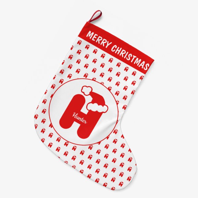 Niedlich Funny Santa Claus Hat Pattern Mit Monogra Großer Weihnachtsstrumpf (Vorderansicht (hängend))