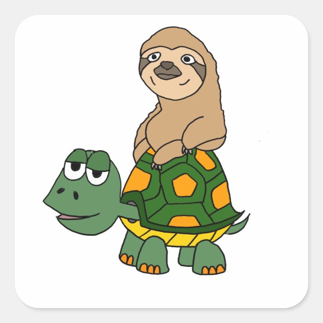 Niedlich Funny Sloth auf Turtle Cartoon Quadratischer Aufkleber (Vorderseite)