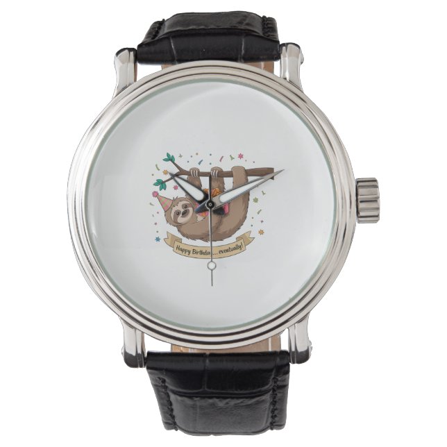 Niedlich Funny Sloth Happy Birthday Armbanduhr (Vorderseite)