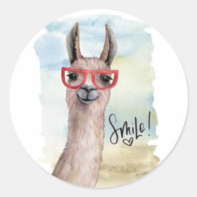 Niedlich Funny Smile Llama Runder Aufkleber (Vorderseite)