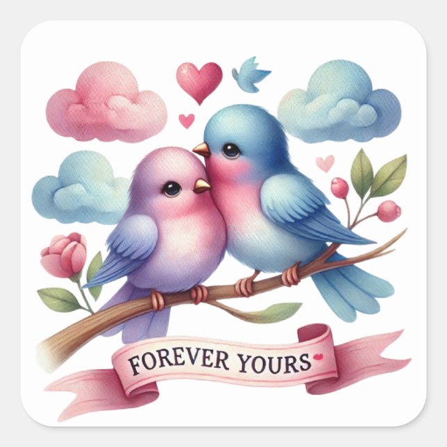 Niedlich für immer Ihr Vogelpaar Valentine Quadratischer Aufkleber (Vorderseite)