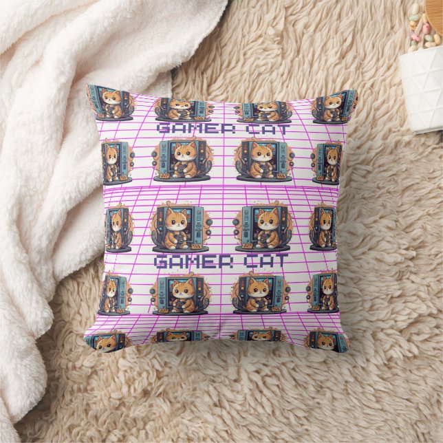 Niedlich Gamer Cat Blue Print Kissen (Decke)