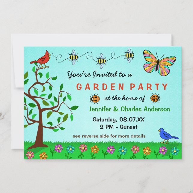 Niedlich Garden Party Whimsical Summer Blume Bugs Einladung (Vorderseite)