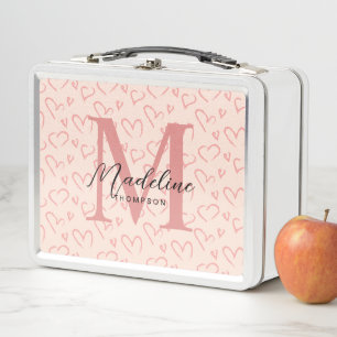 Niedlich gebürstetes rosa Herzmuster Monogramm Metall Brotdose