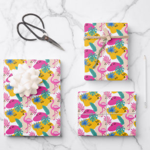 Niedlich gefliestes rosa Flamingo-Party Geschenkpapier Set
