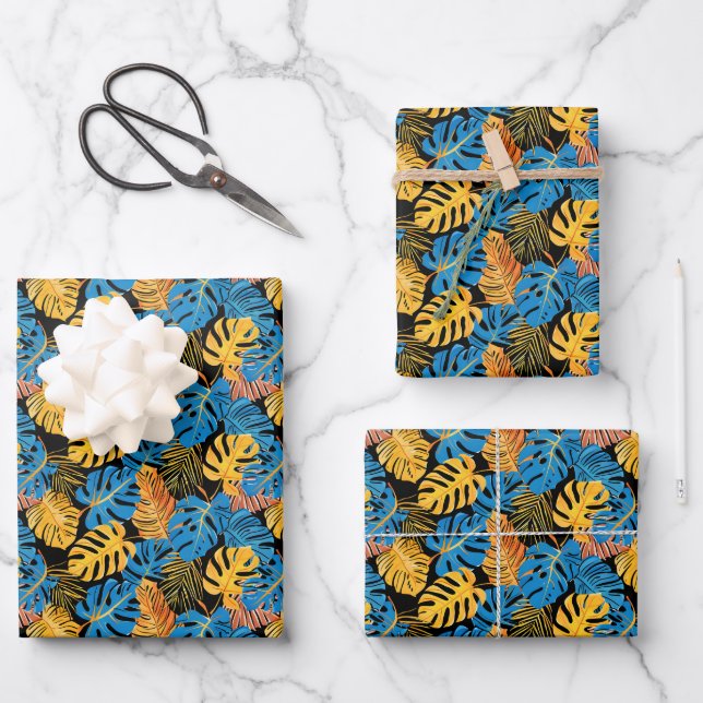 Niedlich gefliestes Tropenblattmuster Party Geschenkpapier Set (Vorderseite)