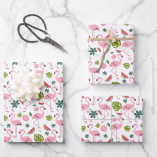 Niedlich gekacheltes rosa Flamingo-Muster Geschenkpapier Set