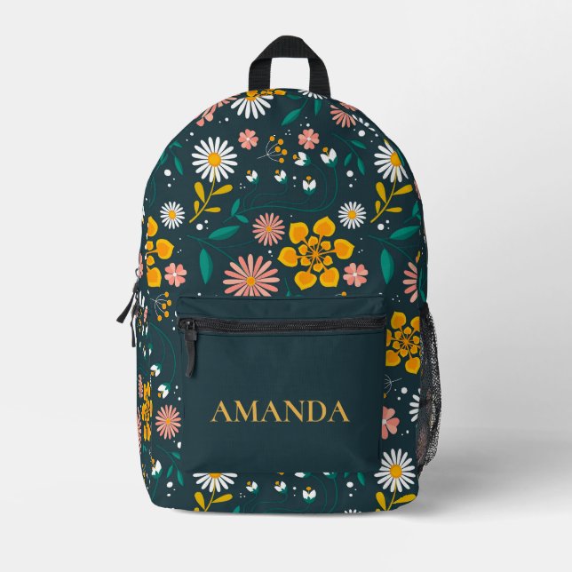 Niedlich-gelb-grün Hübsche Blumenschrift mit Namen Bedruckter Rucksack (Vorderseite)