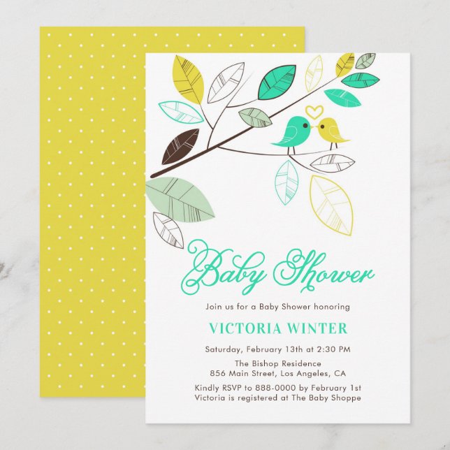 Niedlich Gelb und Aqua Birds Botanische Babydusche Einladung (Vorne/Hinten)