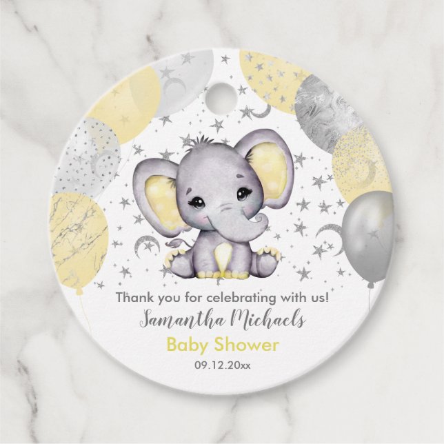 Niedlich-Gelbe Babydusche Elephant Balloons Geschenkanhänger (Vorderseite)