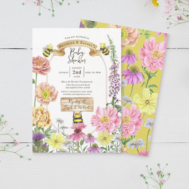 Niedlich-Gelbe Biene- und Wildblume-Babydusche Einladung (Von Creator hochgeladen)