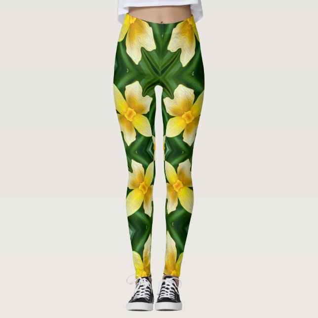 Niedlich-Gelbe Blume Muster Leggings (Vorderseite)