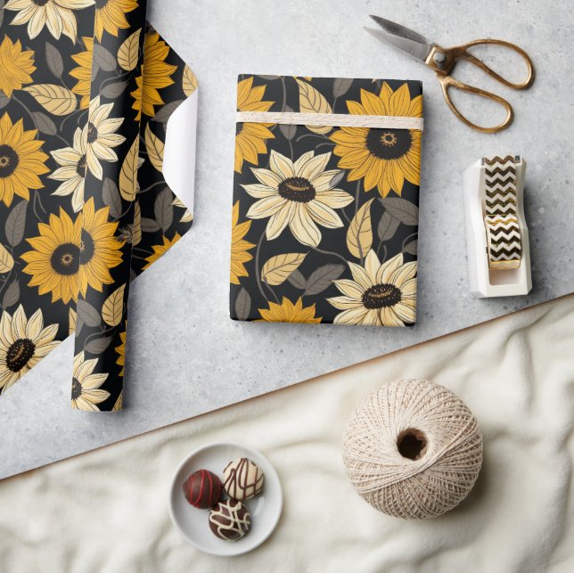 Niedlich Gelbe Creme Sonnenblumen Schwarz Geschenkpapier (Kunsthandwerk)
