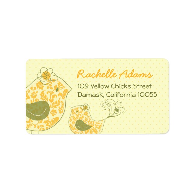 Niedlich-Gelbe Damaske Mommy & Baby Bird Chic-Adre Adressaufkleber (Vorne)