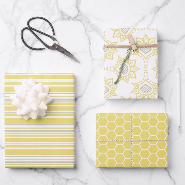 Niedlich-gelbe graue geometrische Beerenstreifen H Geschenkpapier Set (Vorderseite)