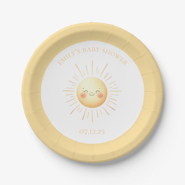 Niedlich-gelber Boho lächelnd Sunshine Baby Dusche Pappteller (Vorderseite)