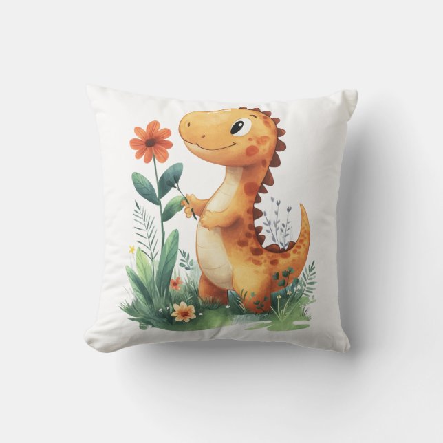 Niedlich Gelber Dinosaurier Holen einer Blume Kissen (Vorderseite)