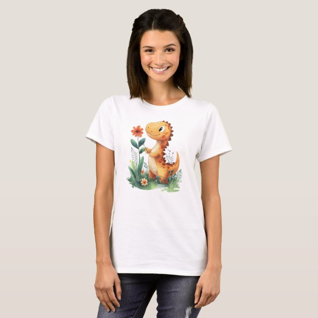 Niedlich Gelber Dinosaurier Holen einer Blume T-Shirt (Vorne ganz)