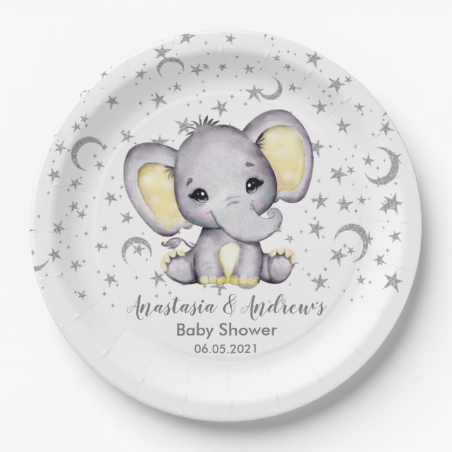 Niedlich-Gelbes Baby-DuschElefant Pappteller (Vorderseite)