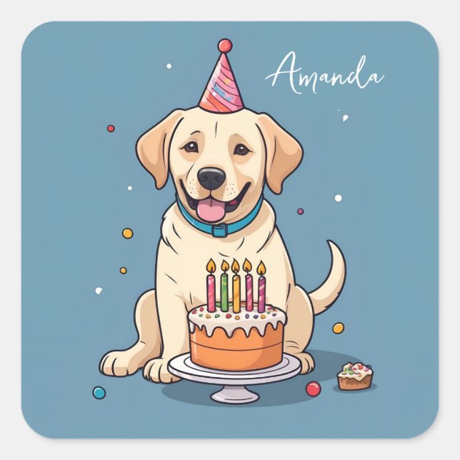Niedlich-gelbes Labrador-Welpe feiert Geburtstag Quadratischer Aufkleber (Vorderseite)