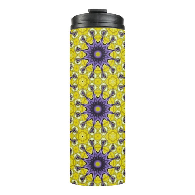 Niedlich-Gelbes Lila Kaleidoskop Geometrisches Mus Thermosbecher (Vorderseite)