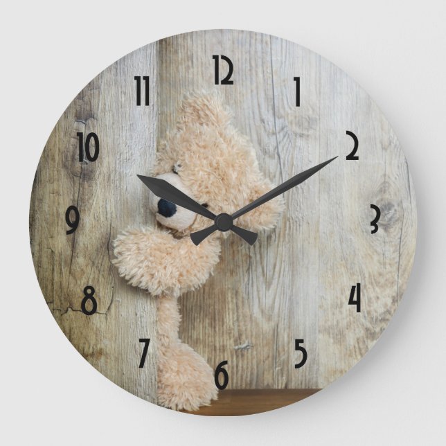 Niedlich gepolsterter Bär Rustikale Holzverkleidun Große Wanduhr (Vorderseite)