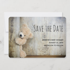Niedlich gepolsterter Bär Rustikale Holzverkleidun Save The Date