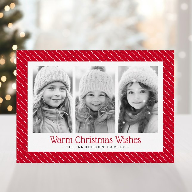 Niedlich gepunktete Streifen frohe Weihnachten 3 F (Cute dotted stripes merry Christmas 3 photos red Holiday Card)