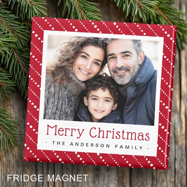 Niedlich gepunktete Streifen fröhliches Weihnachts Magnet (Cute dotted stripes merry Christmas red photo Magnet)