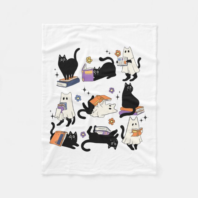 Niedlich Ghost Black Cat Reading Bücher Spooky Hal Fleecedecke (Vorderseite)