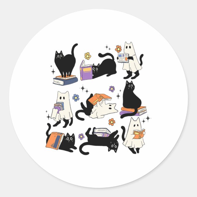 Niedlich Ghost Black Cat Reading Bücher Spooky Hal Runder Aufkleber (Vorderseite)