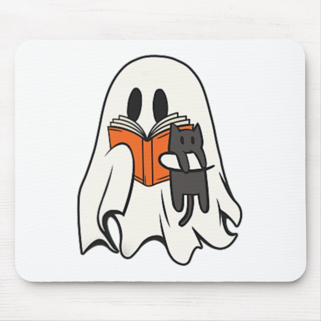Niedlich Ghost Cat Lesen Buch Spooky Jahreszeit Ha Mousepad (Vorne)
