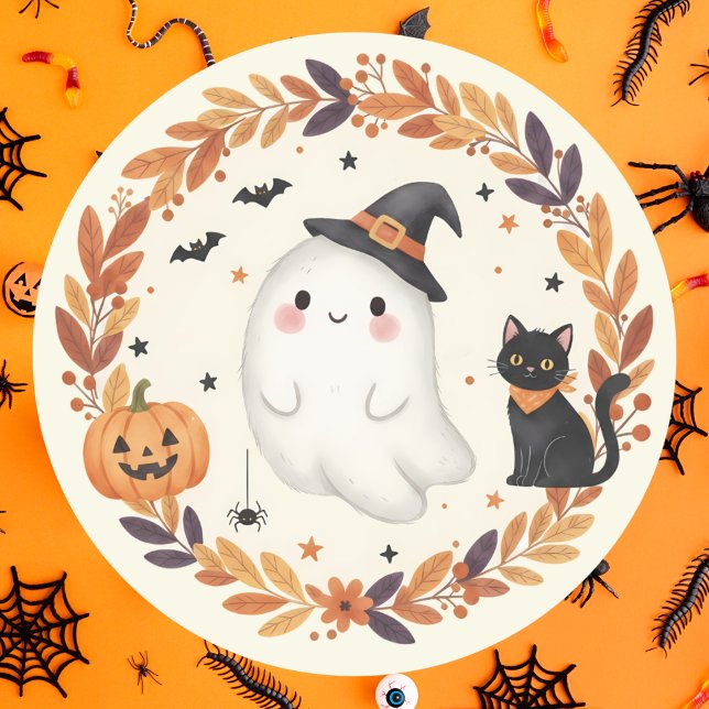 Niedlich Ghost Cat Pumpkin Autumn Wreath Halloween Runder Aufkleber (Von Creator hochgeladen)