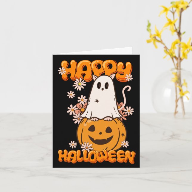 Niedlich Ghost Cat Pumpkin Blume Happy Halloween Karte (Gelbe Blume)