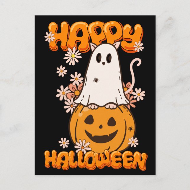 Niedlich Ghost Cat Pumpkin Blume Happy Halloween Postkarte (Vorderseite)