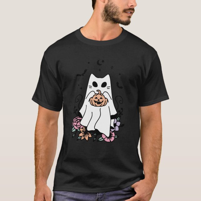 Niedlich Ghost Cat Pumpkin Halloween Kostüme Männe T-Shirt (Vorderseite)